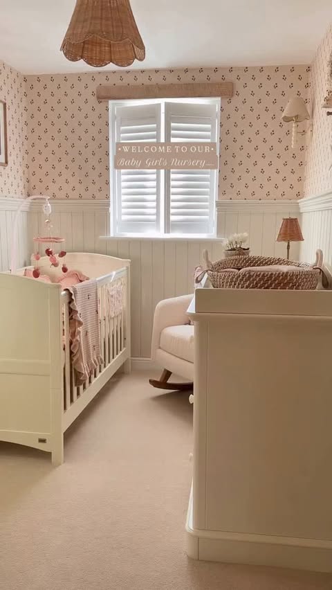 Instagram post by @ourhomeinsuffolk for Sandberg Wallpaper. Caption reads: N U R S E R Y R E V E A L🥹🤍 Such a surreal....