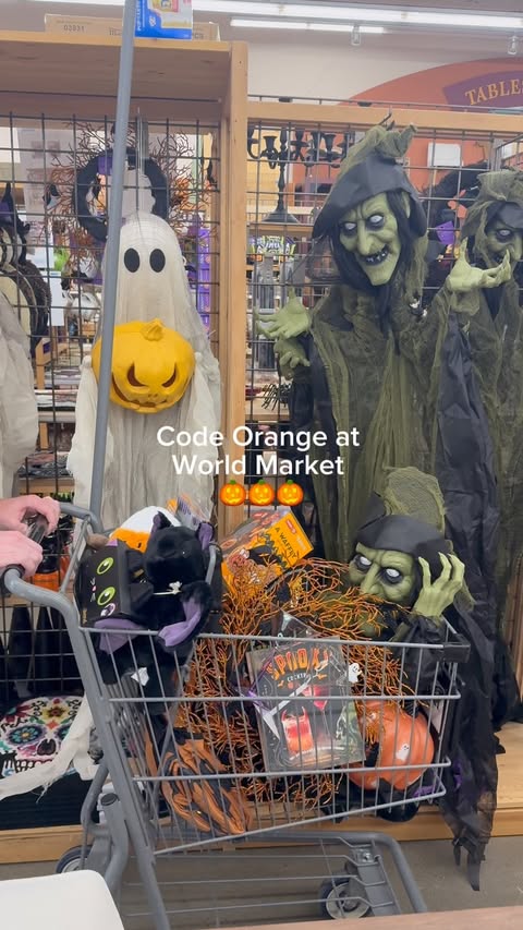 Instagram post by @cozyadk for World Market. Caption reads: Code orange at @worldmarket ! Spooky season is....