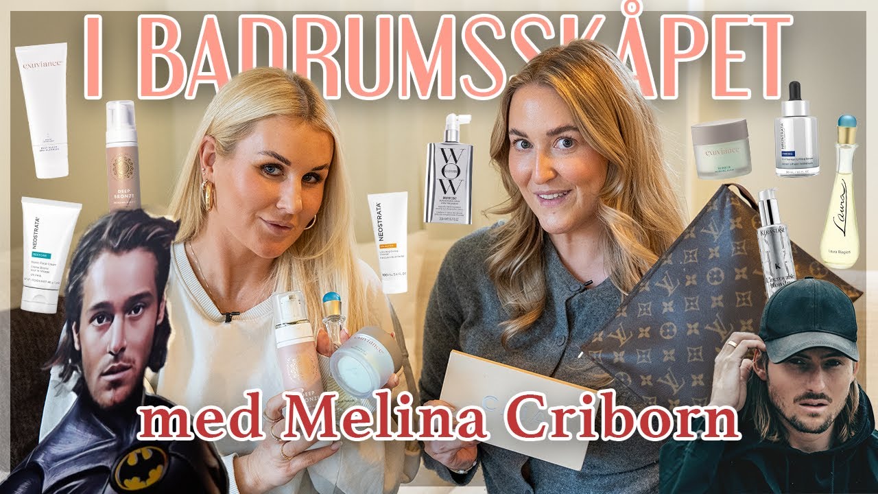 YouTube post by @hairtalkbyemelie for Klarna. Caption reads: I BADRUMSSKÅPET MED MELINA CRIBORN.