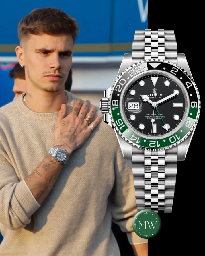 Instagram post by @watchlobby for MONDANIWEB. Caption reads: @romeobeckham recently spotted wearing a GMT....