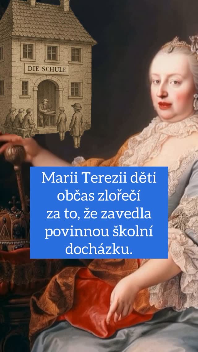 Instagram post by @blazniva_dejepisarka for Česká spořitelna. Caption reads: Povinnou školní docházku zavedla Marie Terezie už....