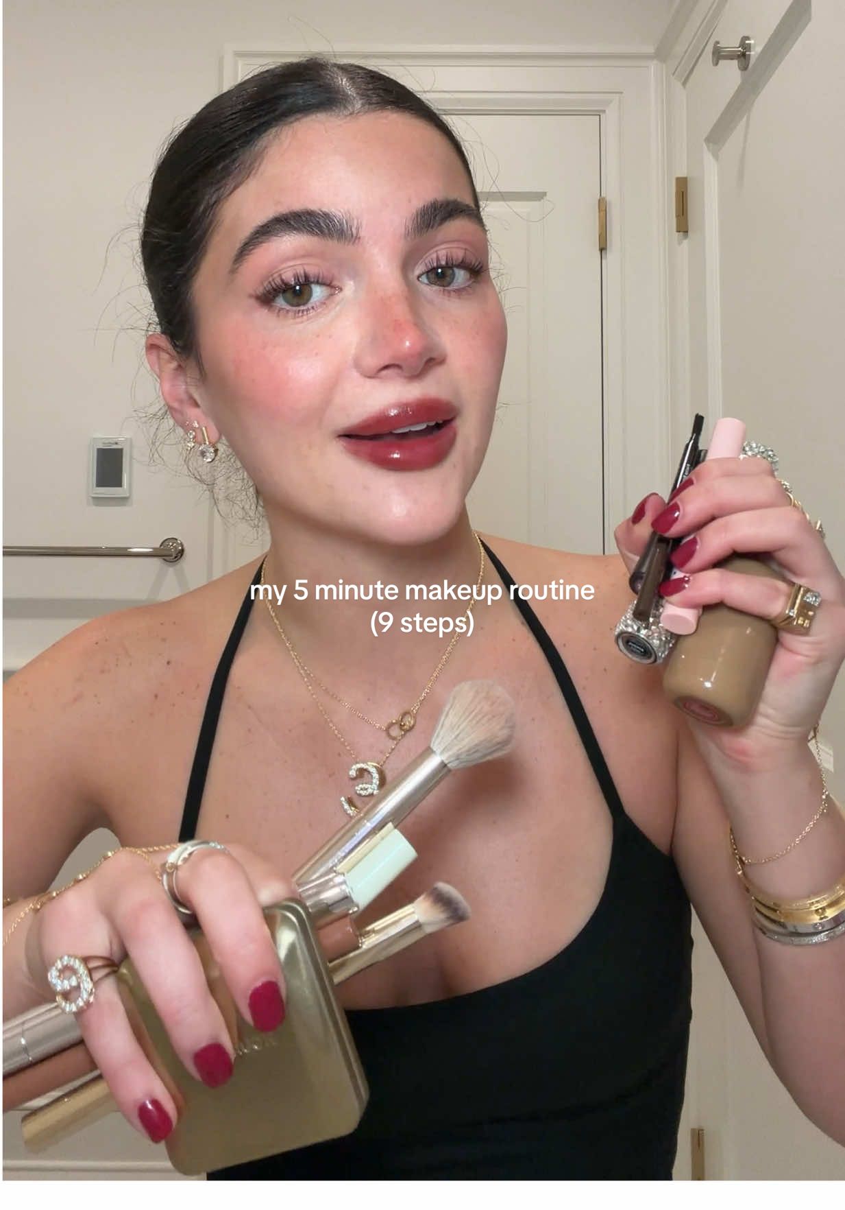 TikTok post by @evangepetrakis for Bobbi Brown Cosmetics. Caption reads: 9 steps in 5 min = everyday routine 💫 #grwm....