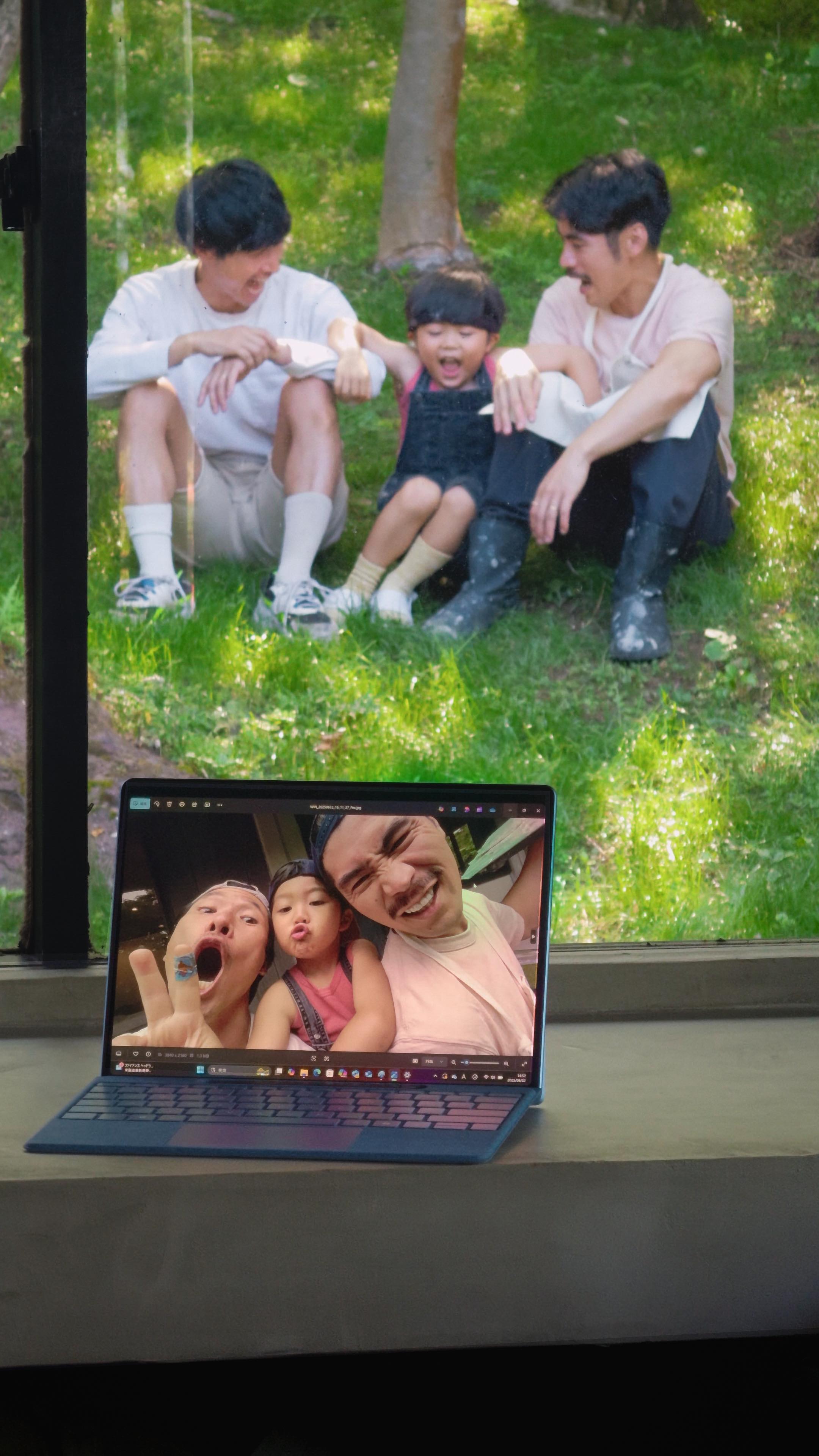 Instagram post by @shiba_dads_ for Microsoft Surface. Caption reads: #SurfacePartner Our daily life is simple: family,....