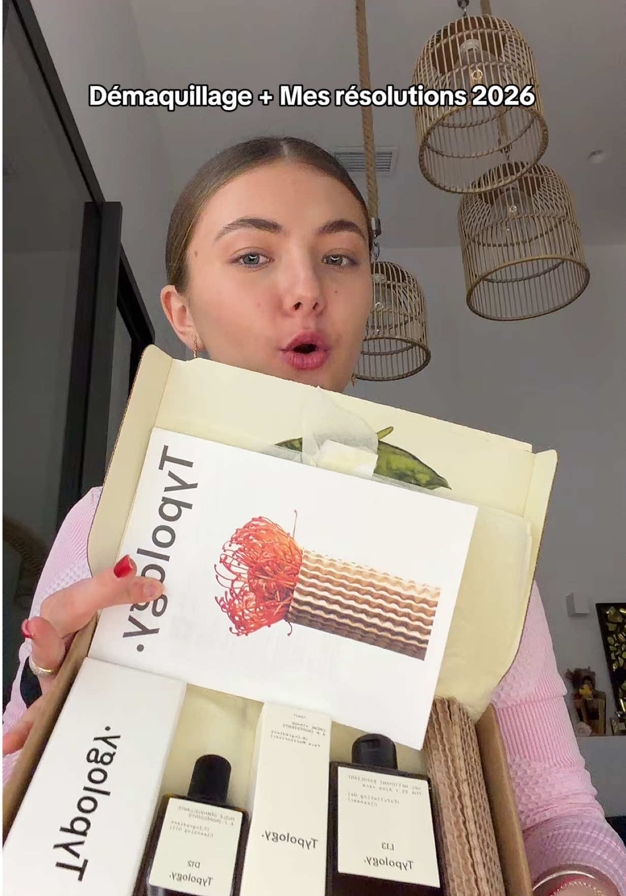 TikTok post by @emmiebournot for Typology. Caption reads: @Typology Paris #produitsofferts #resolution #2026....