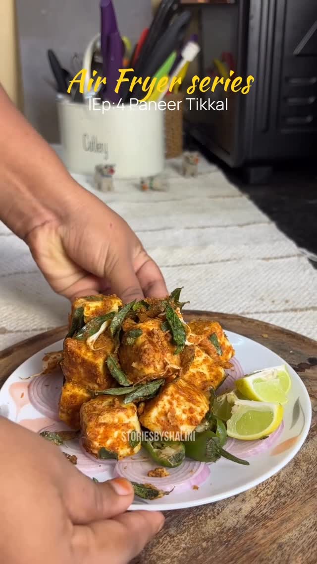 Instagram post by @_storiesbyshalini_ for COSORI. Caption reads: Air fryer series Ep:4 paneer tikka 
Ingredients....