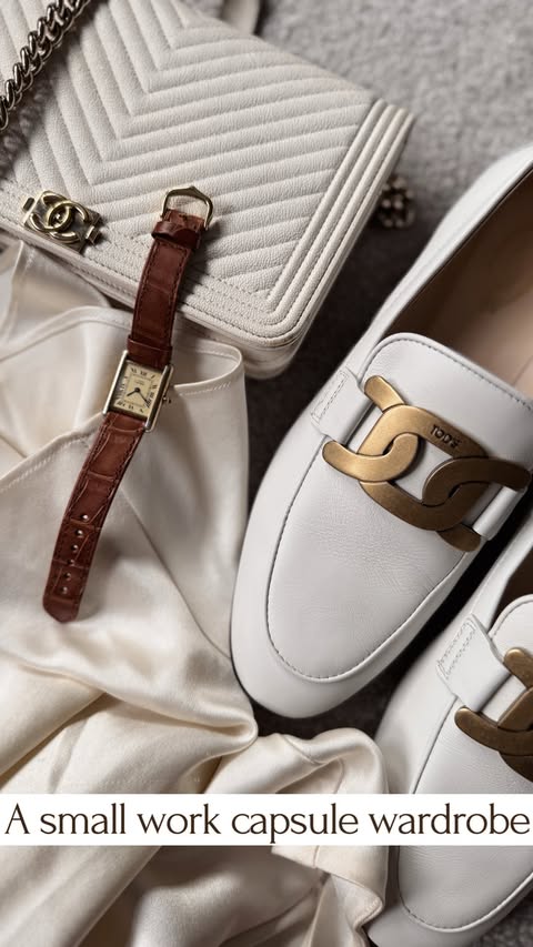 Instagram post by @tessmontgomery for Theory. Caption reads: A complete small capsule wardrobe for the office....