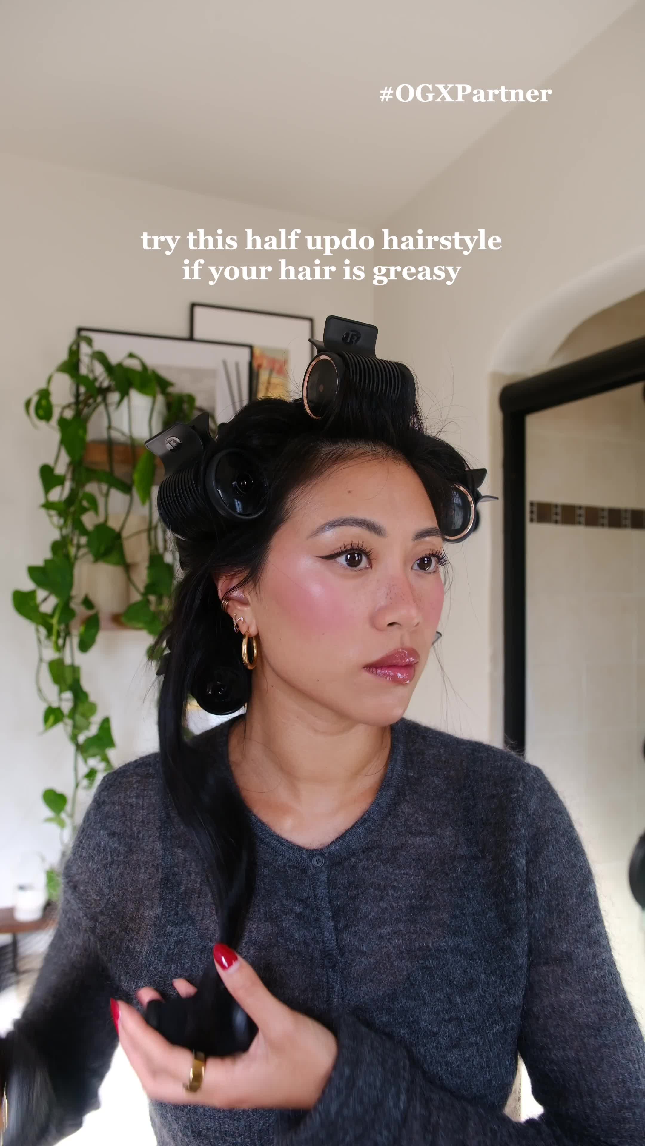 TikTok post by @christineleeee for OGX Beauty. Caption reads: #OGXPartner Are hot rollers back? Save on OGX....