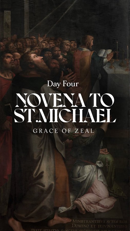 Instagram post by @st.michaelsabbey for Hallow. Caption reads: Novena to St. Michael - Day 4

As we reach the....