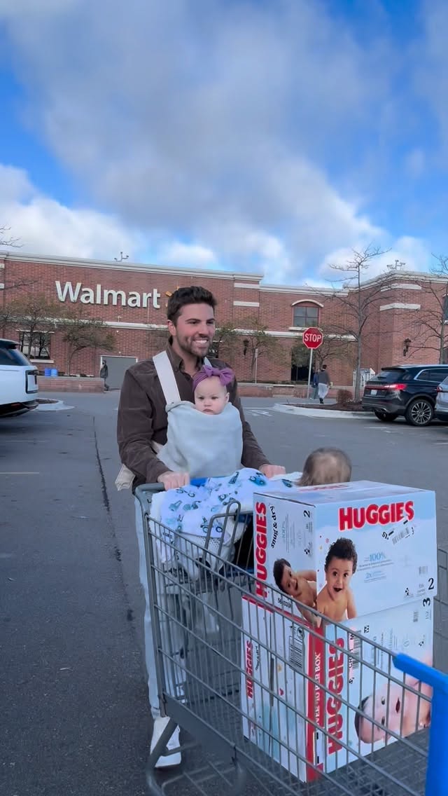 Instagram post by @dadstimestwo for Huggies. Caption reads: #ad Come with me for my first solo @walmart run....