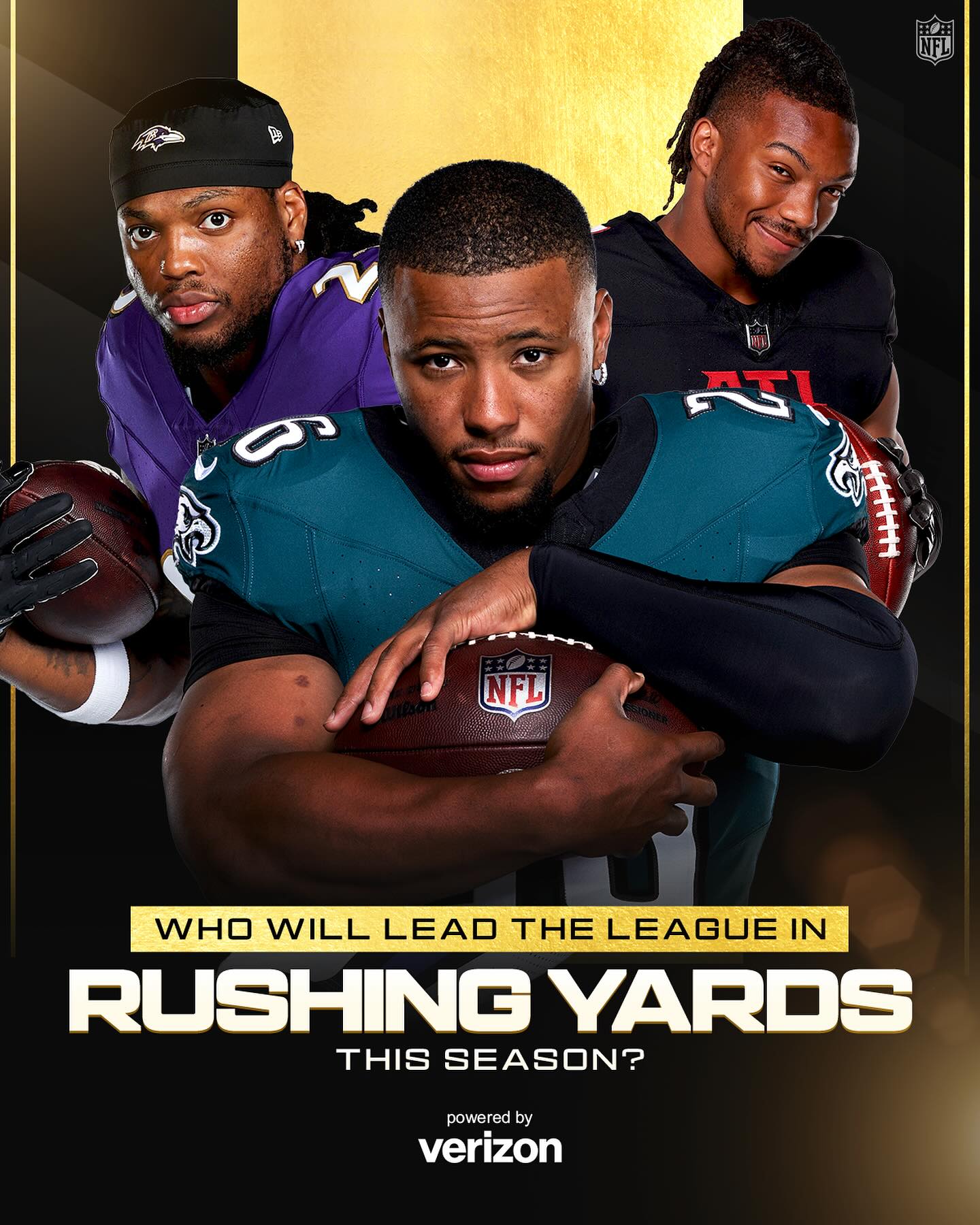 Instagram post by @nfl for Verizon. Caption reads: Will Saquon win back-to-back rushing titles 👀.