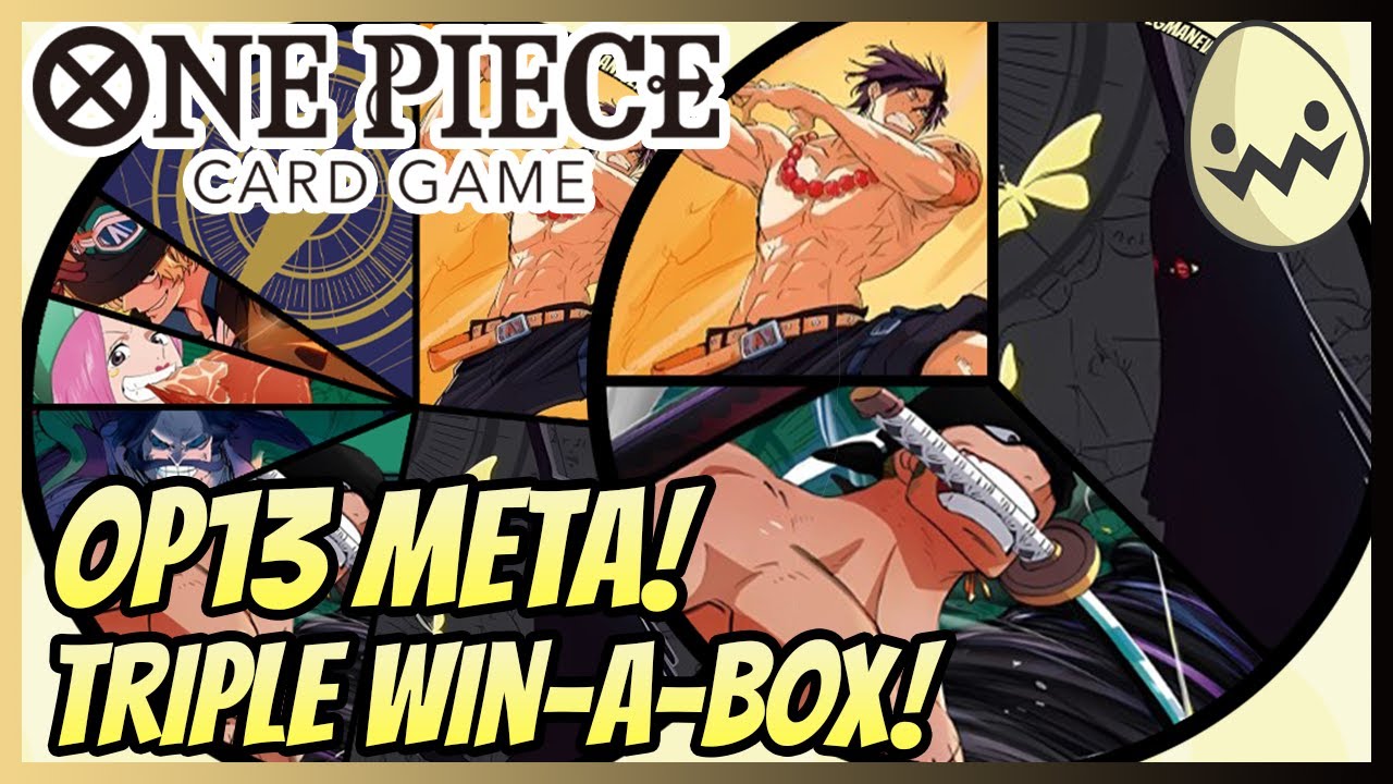YouTube post by @TheEgman for Doomlings. Caption reads: One Piece Card Game: OP13 Triple Win-A-Box Top 8....