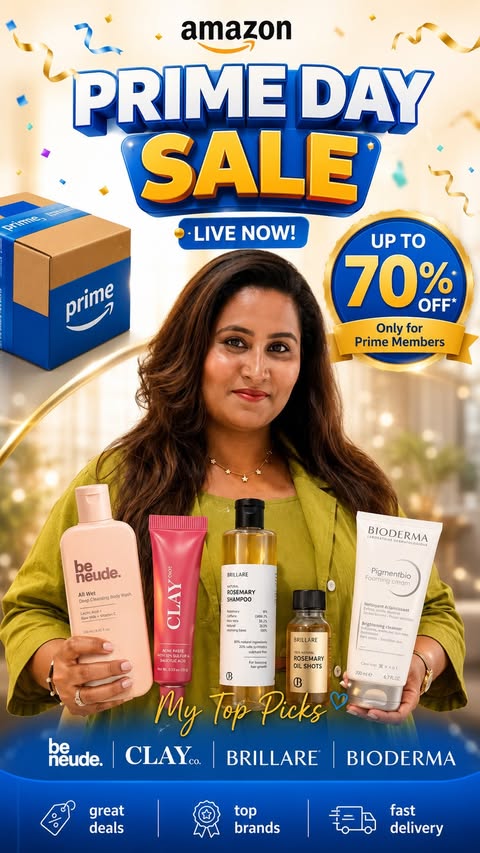 Instagram post by @kaaviya_elango for Amazon Beauty. Caption reads: The Amazon End of Summer Sale is the perfect....