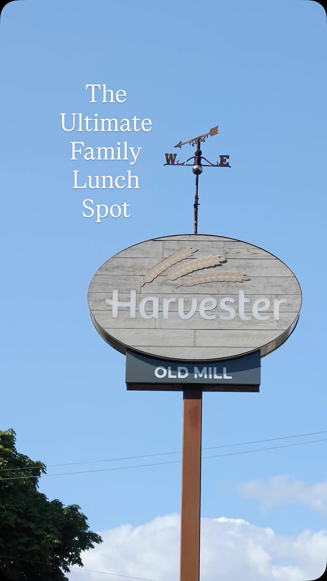 Instagram post by @lucy.exploring.motherhood for Harvester. Caption reads: AD | Harvester Old Mill, Bridgend @harvesteruk 📍....