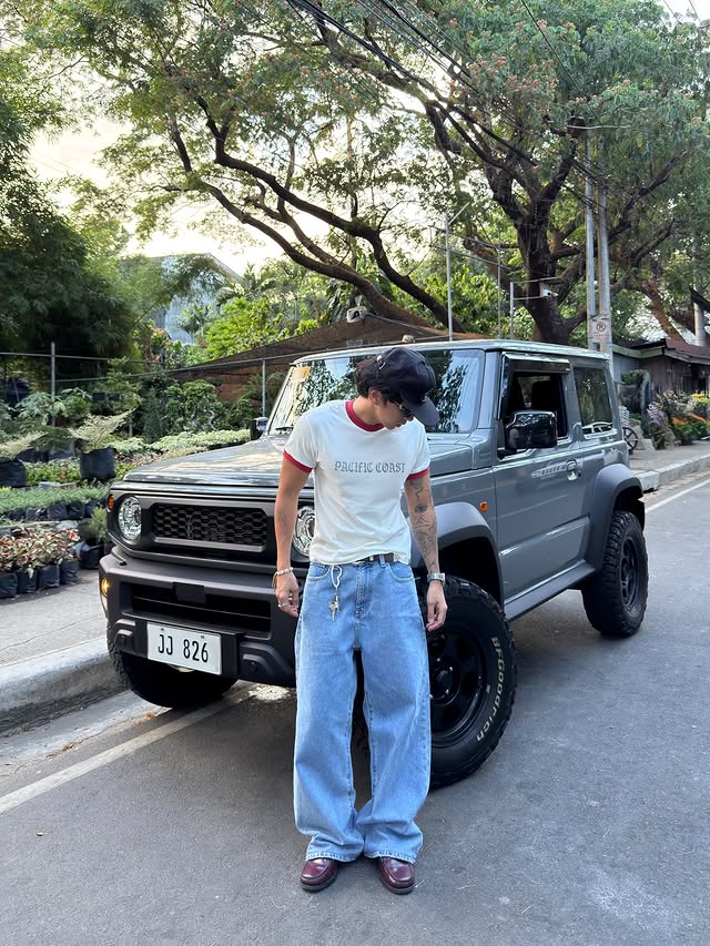 Instagram post by @_jjsnchz for PacSun. Caption reads: parked up in spring/summer fits w/ @pacsun . . .....