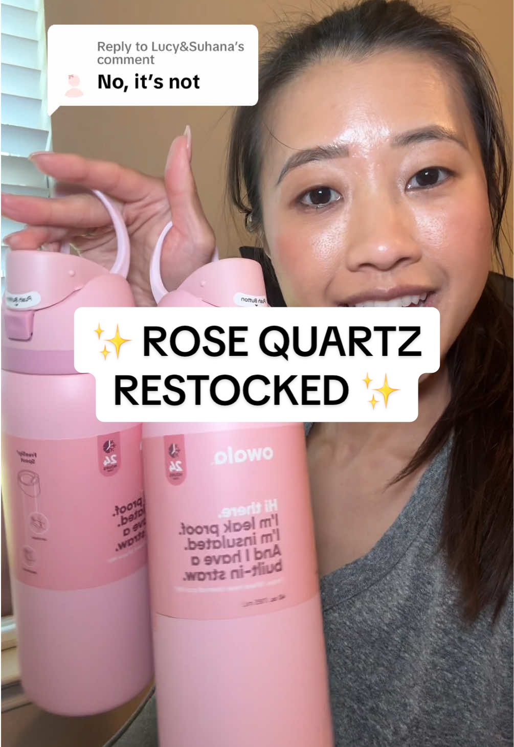 TikTok post by @dailywithcaroline for Owala. Caption reads: Replying to @Lucy&Suhana Owala FreeSip rose quartz....