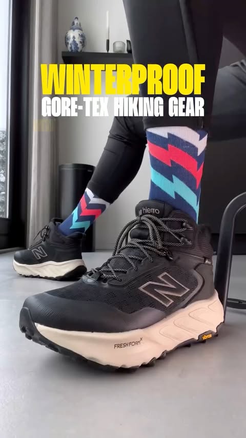 Instagram post by @trailrunnerharm for New Balance. Caption reads: [...] #winterproof #newbalance #hikersofinstagram.