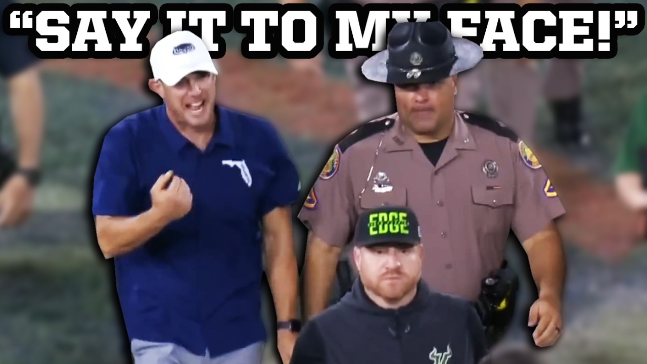 YouTube post by @JomboyMedia for Corona USA. Caption reads: FAU coach wants to settle differences with USF....