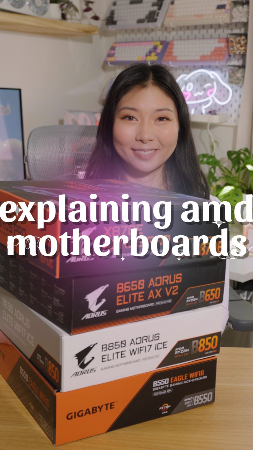 Instagram post by @peachietech for AMD. Caption reads: girlsplaining motherboard names so you know what....