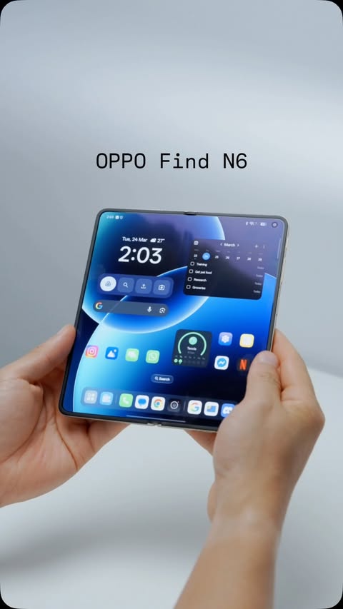 Instagram post by @andrewethanzeng for OPPO. Caption reads: The new OPPO Find N6 is arguably the best foldable....