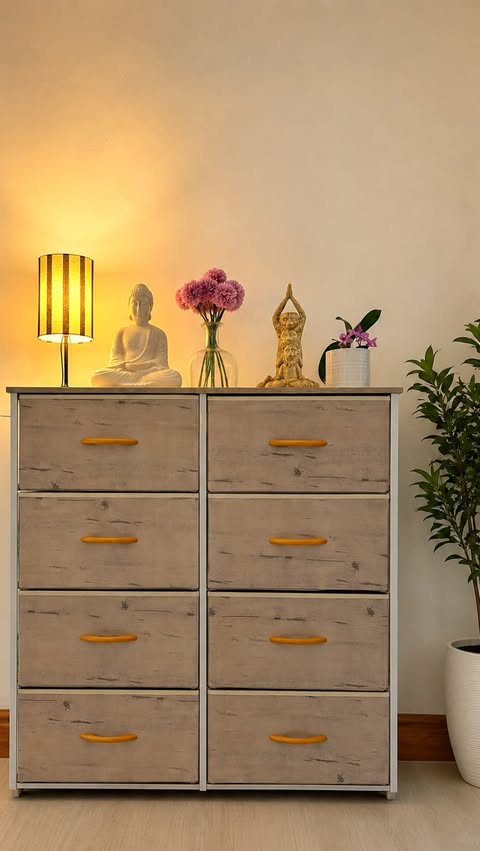 Instagram post by @anumas.home for Aosom. Caption reads: [...] Chest of Eight Fabric Drawers from @aosomuk....