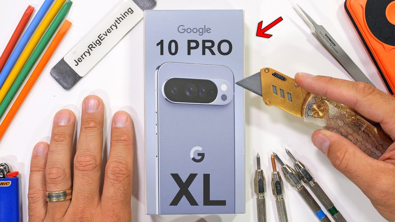 YouTube post by @JerryRigEverything for Dbrand. Caption reads: Google Pixel 10 Pro Durability Test - Transparency....