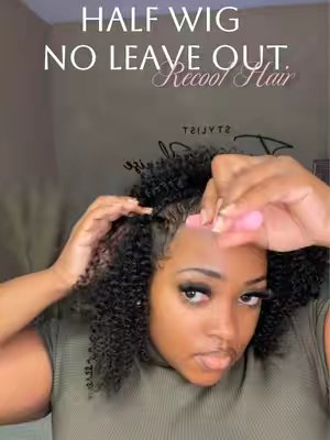 TikTok post by @stylisttraceyshenise for Recool Hair. Caption reads: [...] Afro Kinky Curly 18inch Half wig from RECOOL....
