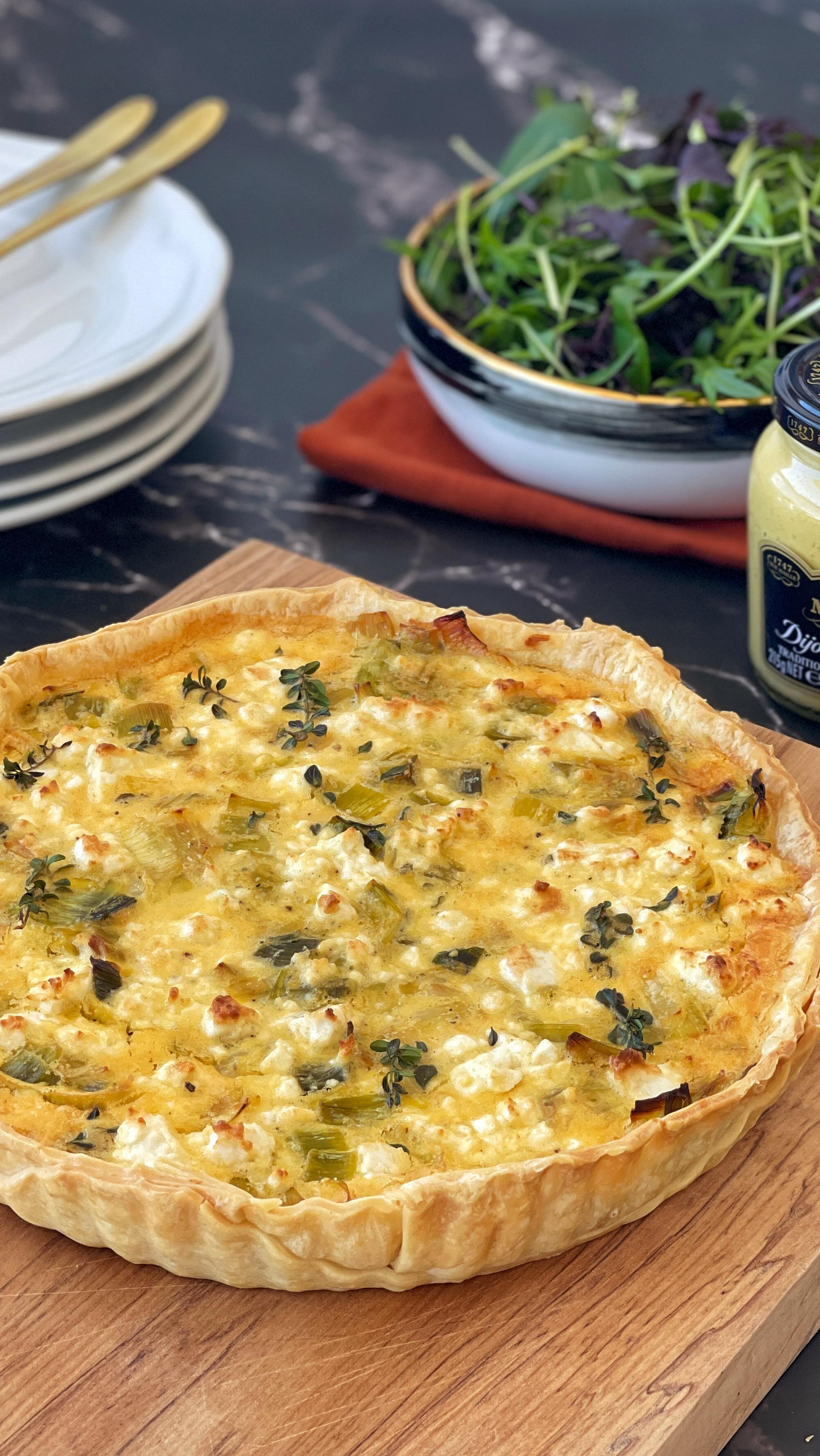 Instagram post by @vj_cooks for La Maison Maille. Caption reads: Dijon Mustard, Leek & Goat’s Cheese Tart This....