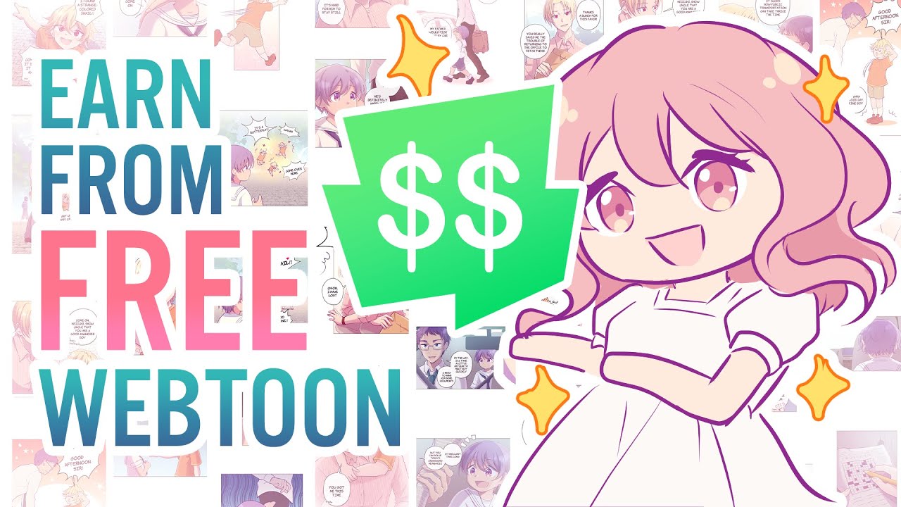YouTube post by @Pluvias for WEBTOON. Caption reads: How I Make Money From My FREE Webtoon 💰.