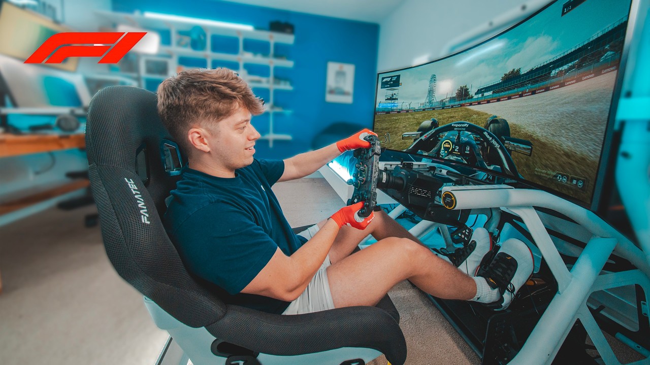 YouTube post by @JadenCoyer for MOZA Racing. Caption reads: I Built my DREAM Formula 1 Racing Simulator!.