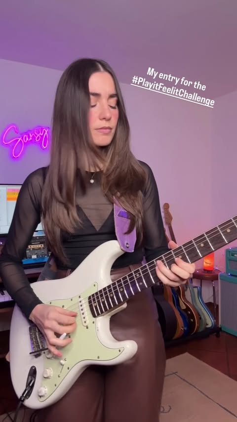 Instagram post by @iamsansy_official for Thomann. Caption reads: Italian guitar sensation Sansy brings a creative....