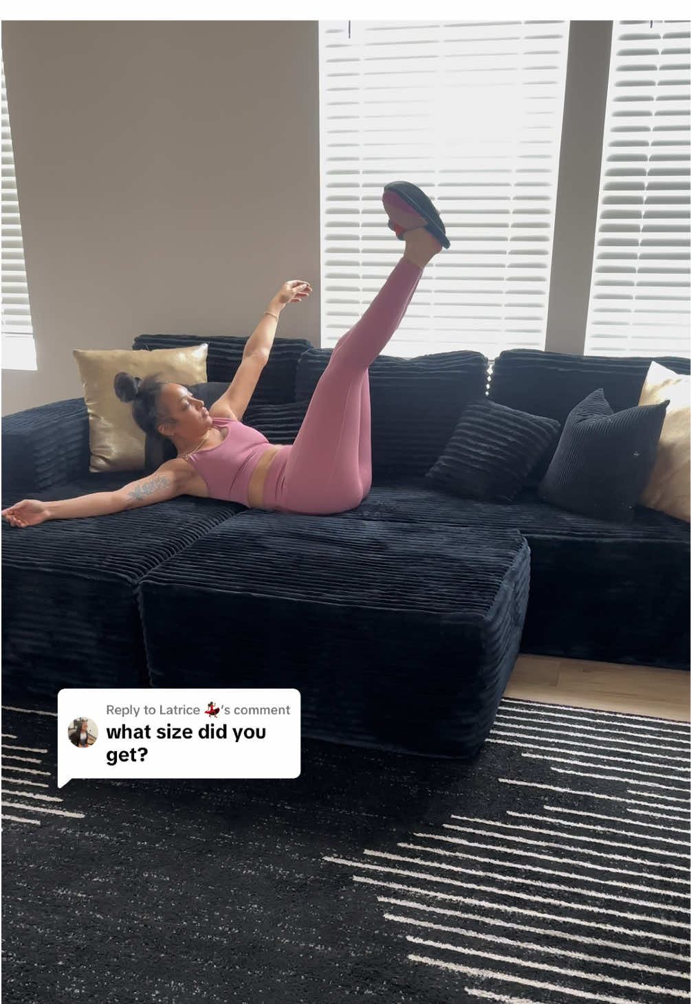 TikTok post by @jaterao92 for OVIOS OFFICIAL. Caption reads: Replying to @Latrice 💃🏾 I have the 106” couch!....