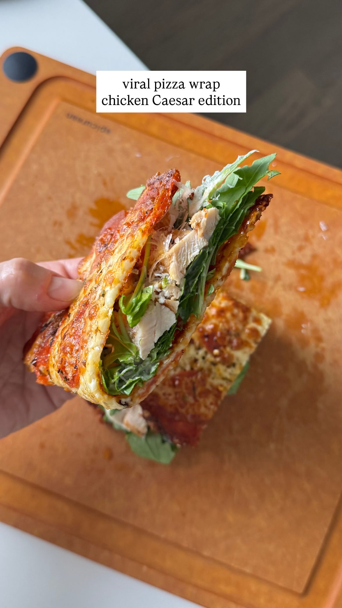 Instagram post by @happyandfull_ for Tillamook. Caption reads: viral PIZZA wrap (chicken Caesar edition)

Ok....