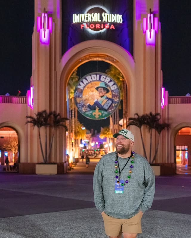 Instagram post by @thepughtwo for Universal Orlando Resort. Caption reads: Piles of Beads ✅ Amazing Food ✅ Good times ✅✅✅✅✅....
