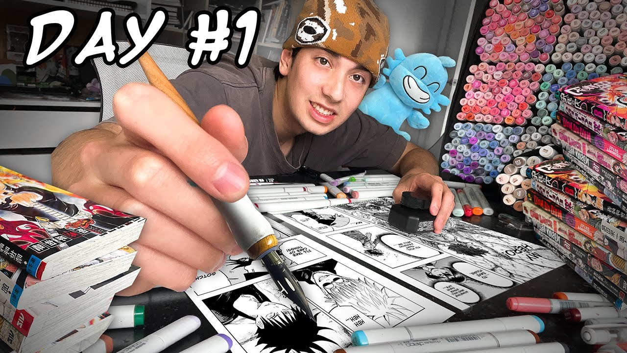 YouTube post by @Shrimpy for WEBTOON. Caption reads: I Made my First MANGA in 1 WEEK!! 👀🎨 (in Japan).