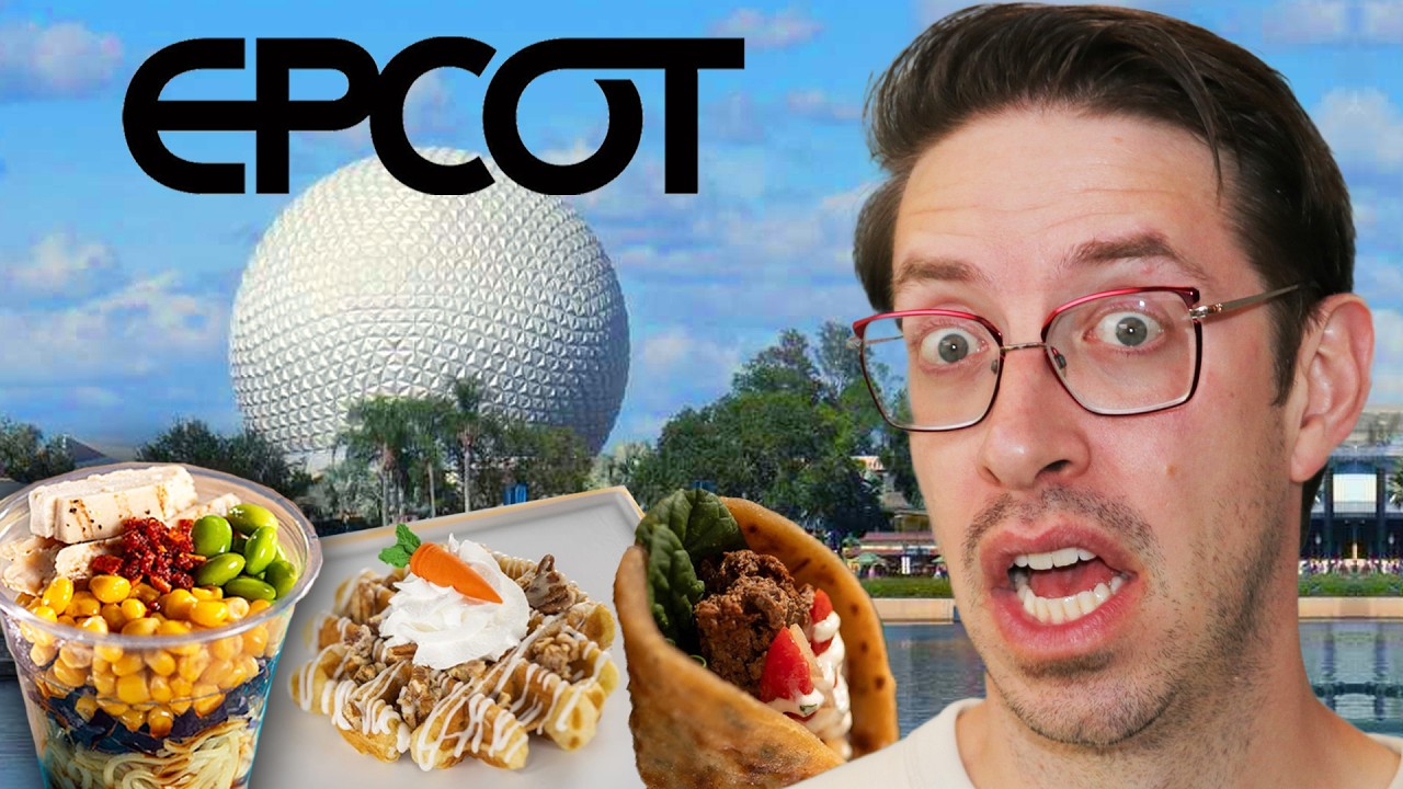 YouTube post by @tryguys for HEATONIST. Caption reads: Keith Eats Everything At EPCOT • Part 1.