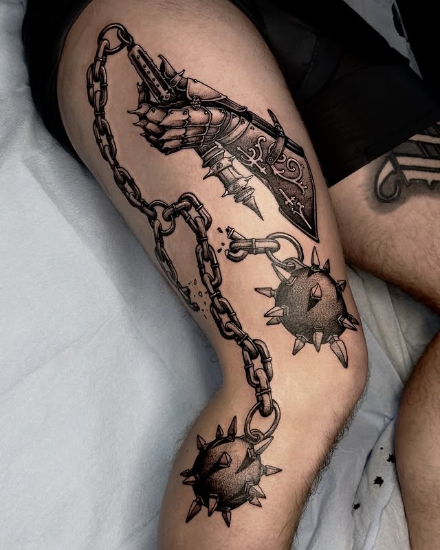 Instagram post by @spence.tattoos for Killer Ink Limited. Caption reads: medieval action on Devan ⛓️⚔️⛓️
thanks mate....