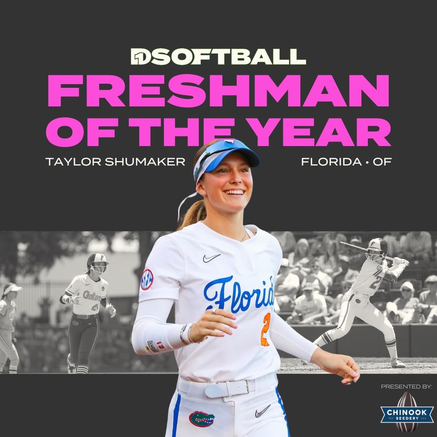 Instagram post by @tayyshu for D1Softball.com. Caption reads: Freshman of the Year: Taylor Shumaker Shumaker....
