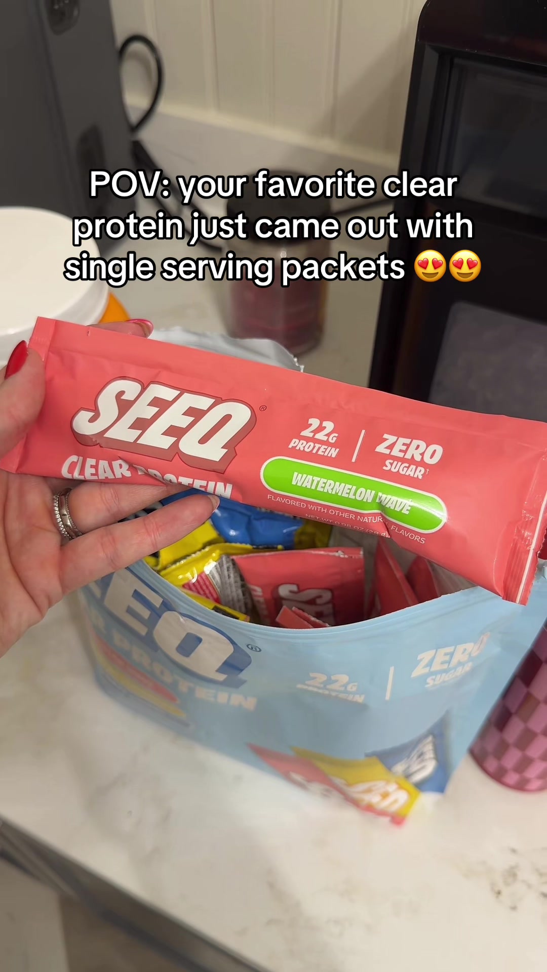 TikTok post by @bridgettesbuys for SEEQ SUPPLY. Caption reads: [...] #clearprotein #proteinwater #gymgirl @SEEQ....