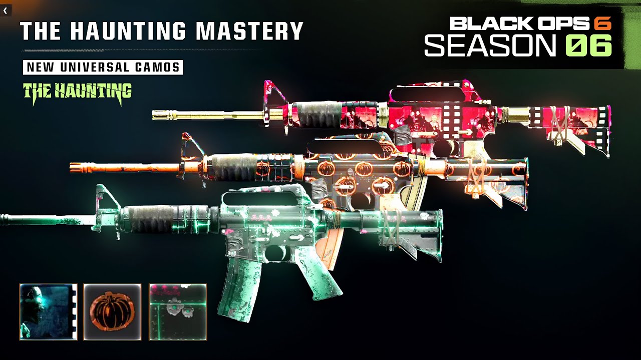 YouTube post by @dkdynamite1 for AimControllers. Caption reads: Unlock 5 ANIMATED Haunting Mastery Camos FAST &....