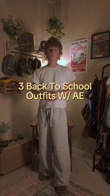 Instagram post by @johnparkerhisaw for American Eagle. Caption reads: 3 back to school outfits with AE! @americaneagle....