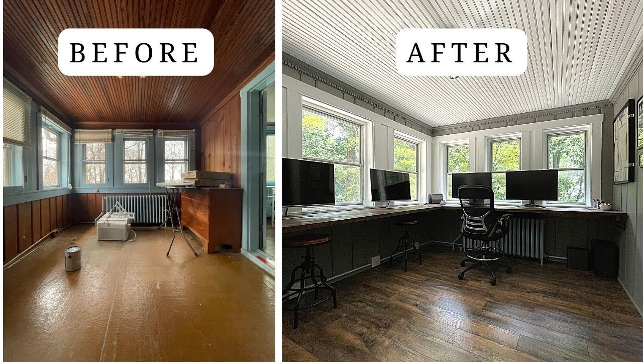 YouTube post by @ourdiyary for Clare. Caption reads: Massive Office Makeover w/ Industrial Touches.