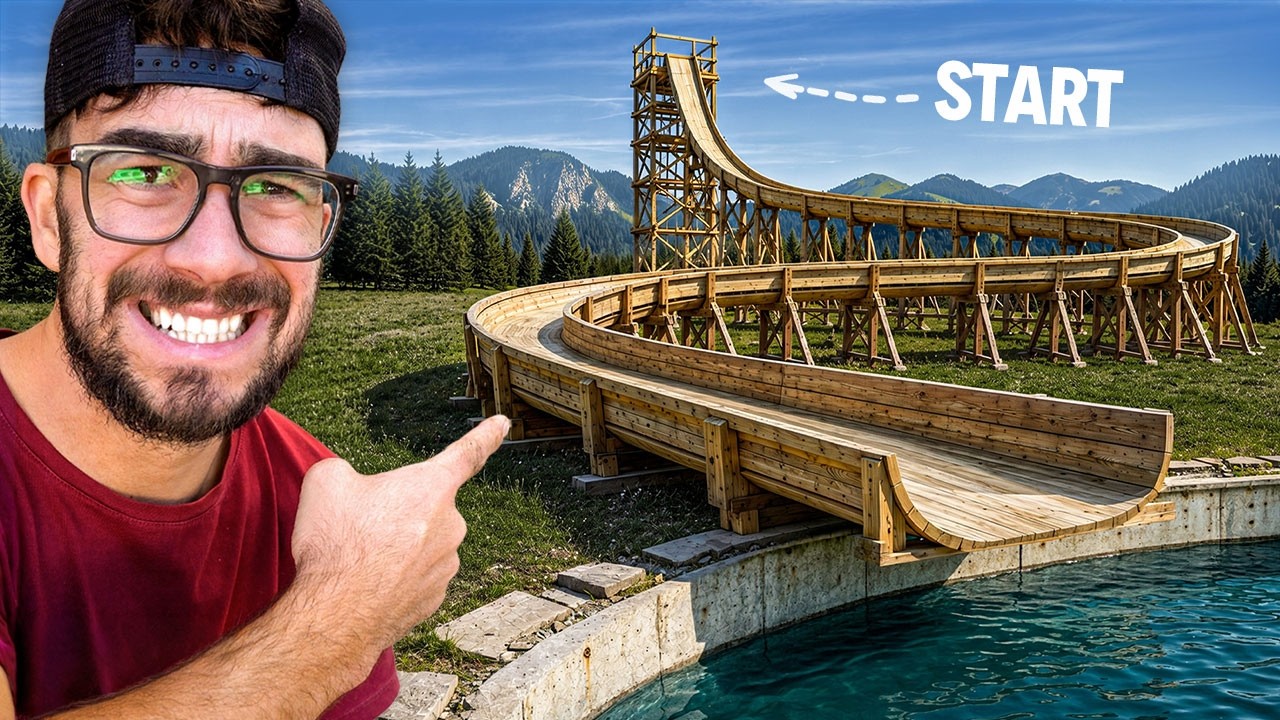 YouTube post by @MolteniMichele for TM Trade. Caption reads: I BUILT A MEGA WATER SLIDE IN MY PLOT.