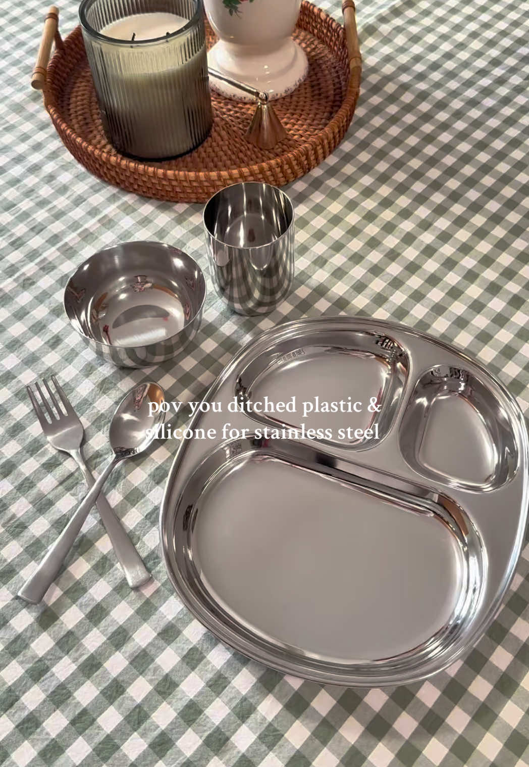 TikTok post by @courtthom for Ahimsa Home. Caption reads: [...] loving these new mealtime sets from @Ahimsa....