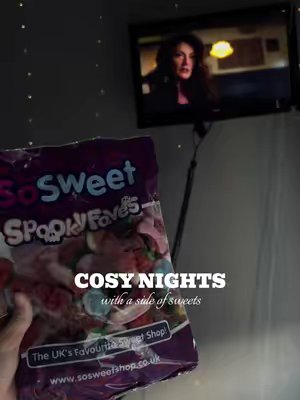 TikTok post by @bethanypriorxox for SoSweet. Caption reads: Cosy nights with a side of sweets!🖤🖤 @SoSweet.