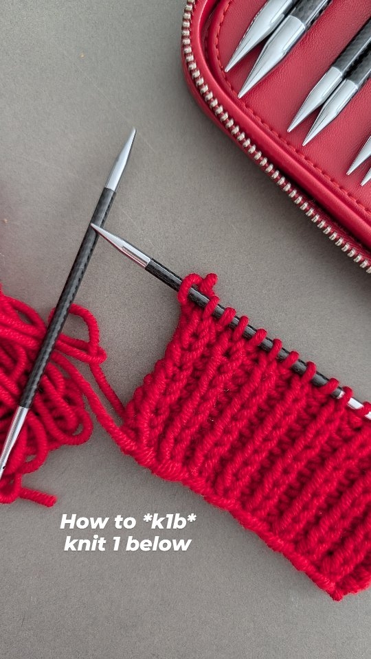 Instagram post by @woolofthings for KnitPro. Caption reads: How to "k1b" (Knit 1 Below)

Working with Carbon....