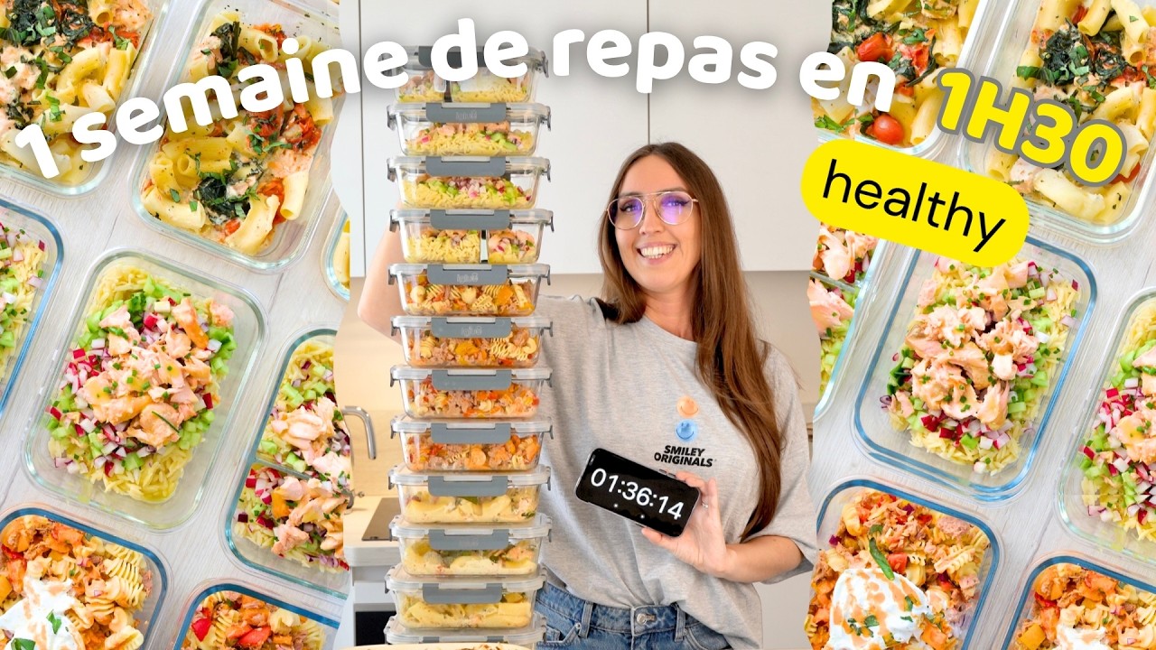 YouTube post by @AmandinePoggioli for iGraal. Caption reads: HEALTHY MEAL PREP: 1 week of meals in 1.5 hours!....
