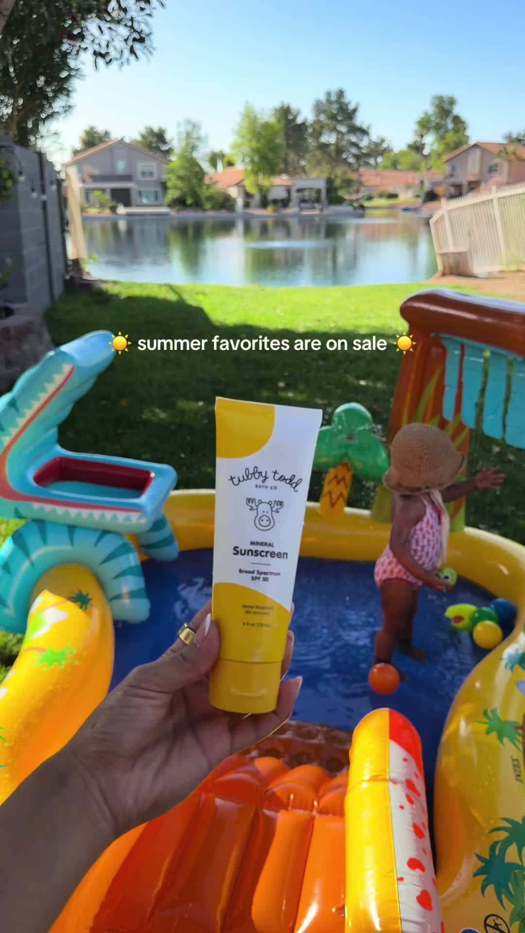 TikTok post by @anissaraeg for Tubby Todd. Caption reads: Hot days, splash pads, and Tubby Todd on repeat....
