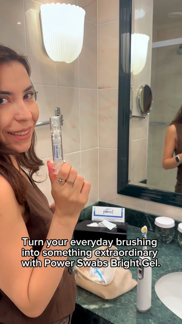 Instagram post by @esma.yucelsat for Power Swabs. Caption reads: ✨ Brighten your smile effortlessly — just add....