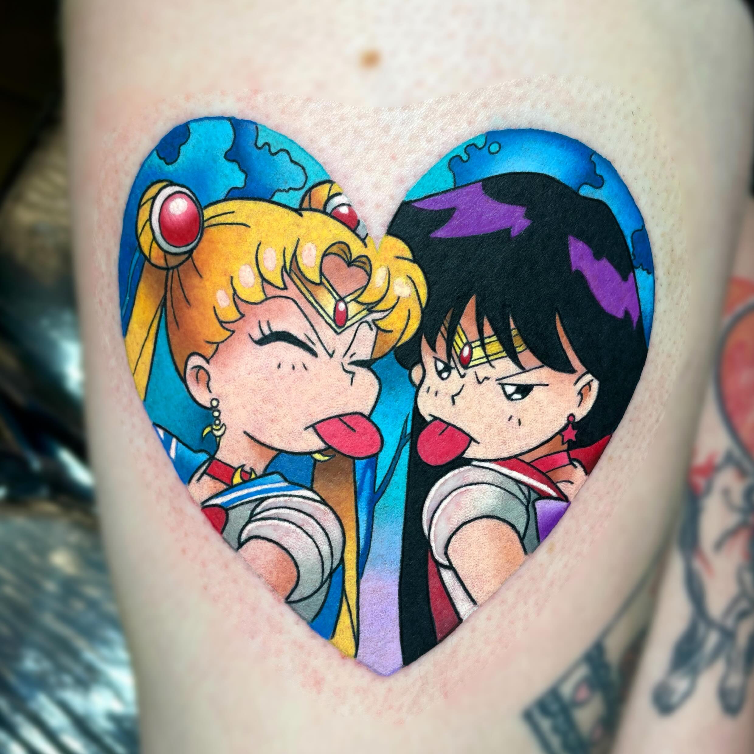 Instagram post by @deadpan_anne_tattoo for Barber DTS Tattoo Supplies. Caption reads: 💖Sailor Moon Heart💖 I’m so excited every time I....