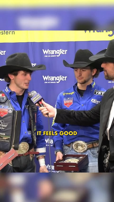 Instagram post by @officialstatlerwright for Wrangler. Caption reads: @officialstetsonwright reacts to winning a World....